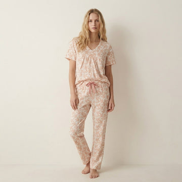 Floral Waves Women Button Pajama Set- Peach