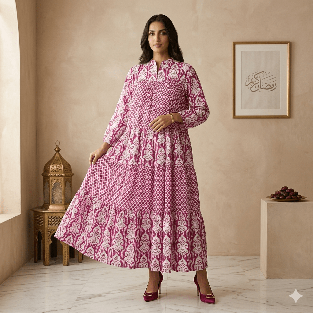 Crimson Geometric Tiered Women Daraa- Magenta Pink