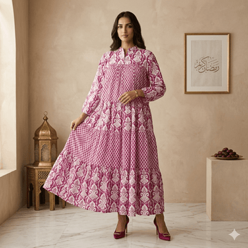 Crimson Geometric Tiered Women Daraa- Magenta Pink