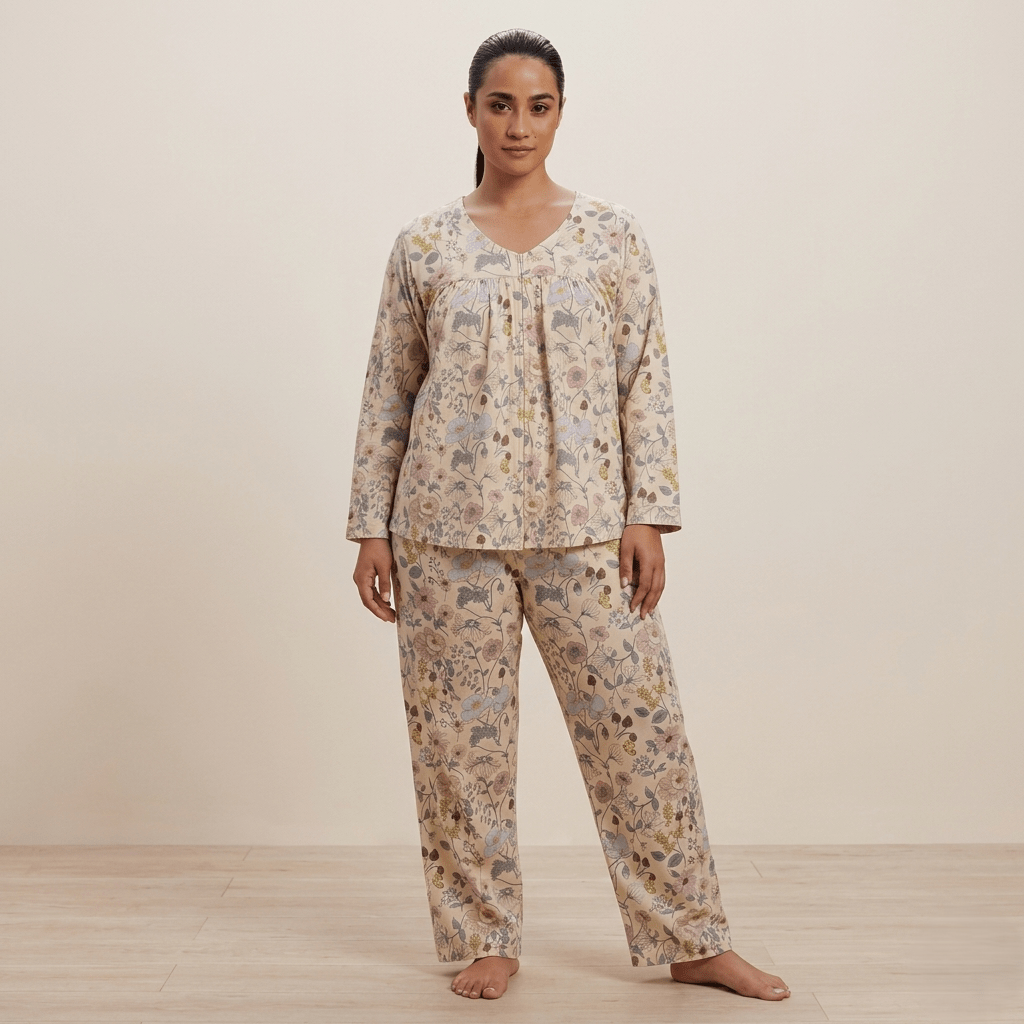 Vintage Rose Garden Women Pajama Set- Beige
