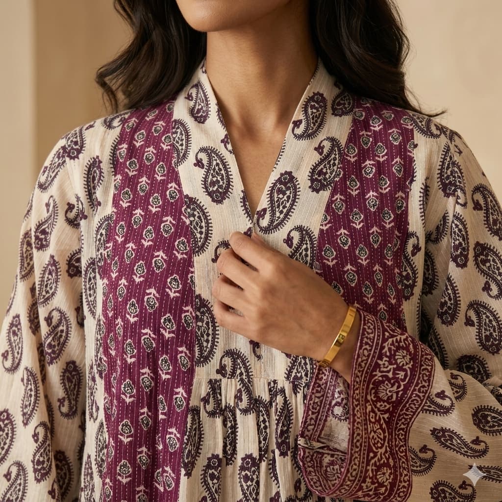 Plum Contrast Paisley Women Daraa- Plum Purple.