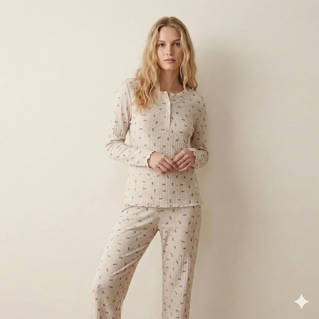 Pink Rose Flower Women Pajama Set- Beige