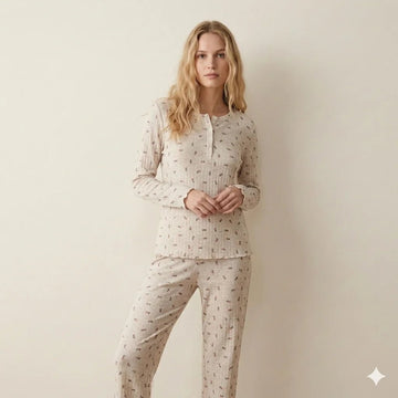 Pink Rose Flower Women Pajama Set- Beige