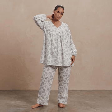 Charcoal Sketch Floral Women Pajama Set- White