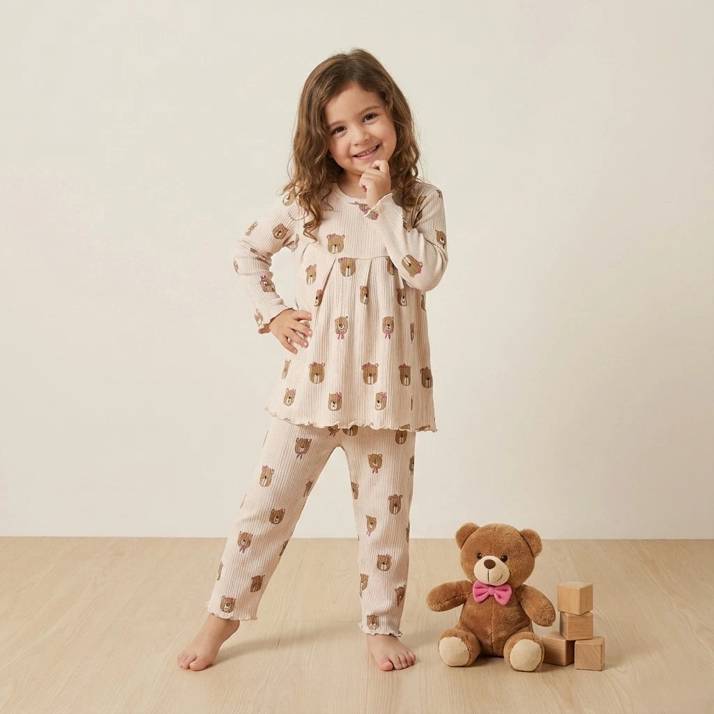 Teddy Bow Girl Pajama Set- Cream