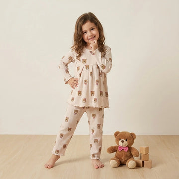 Teddy Bow Girl Pajama Set- Cream