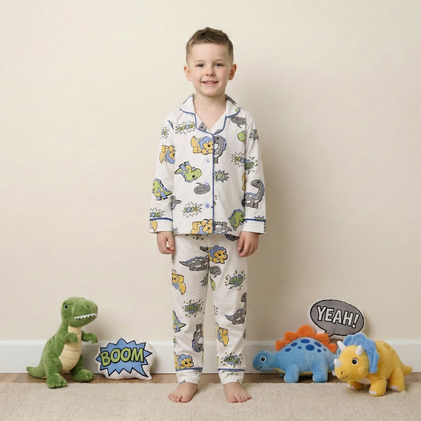 Comic Dino Button Boy Pajama Set- White