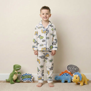 Comic Dino Button Boy Pajama Set- White