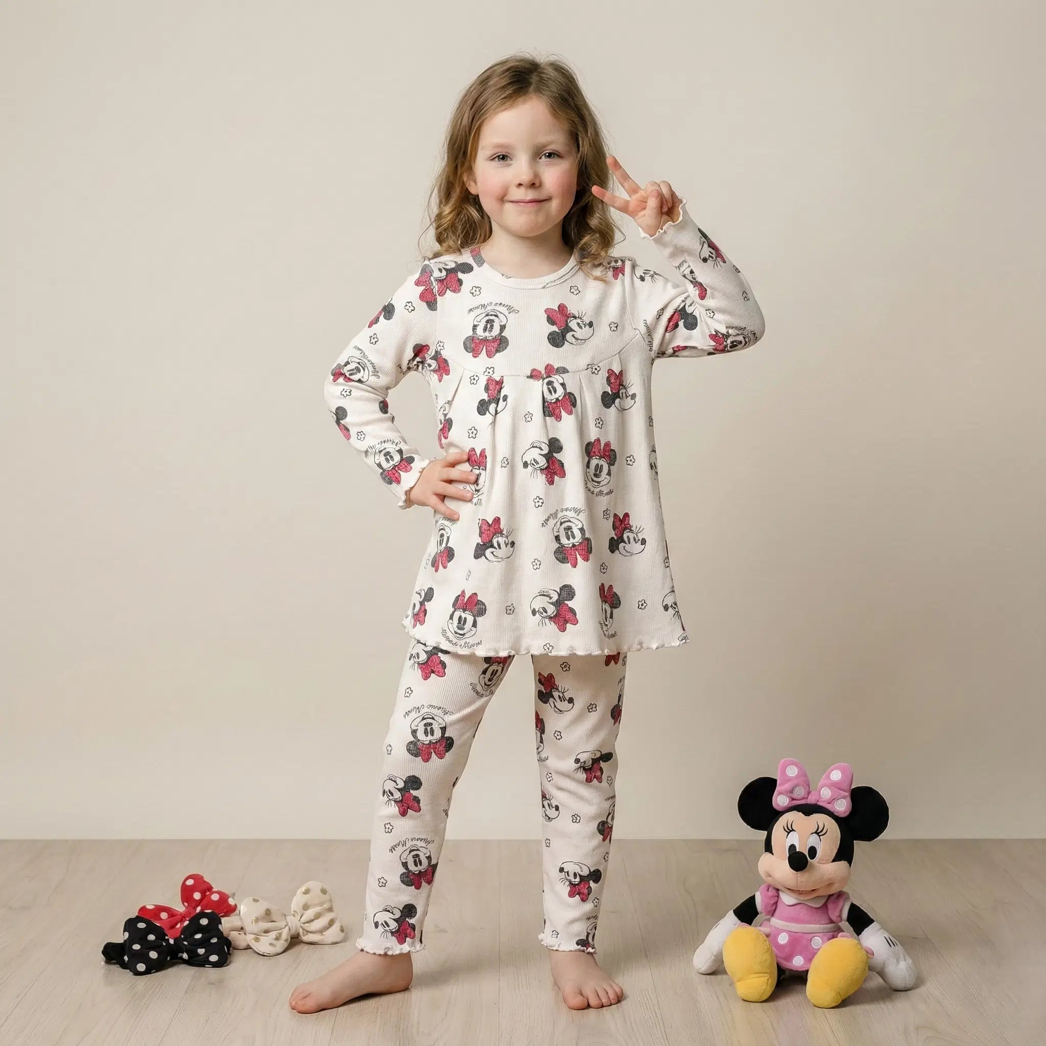 Minnie Girl Full Sleeves Pajama Set- Beige
