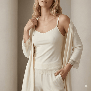 Solid Ribbed 3pc Women Pajamas- White