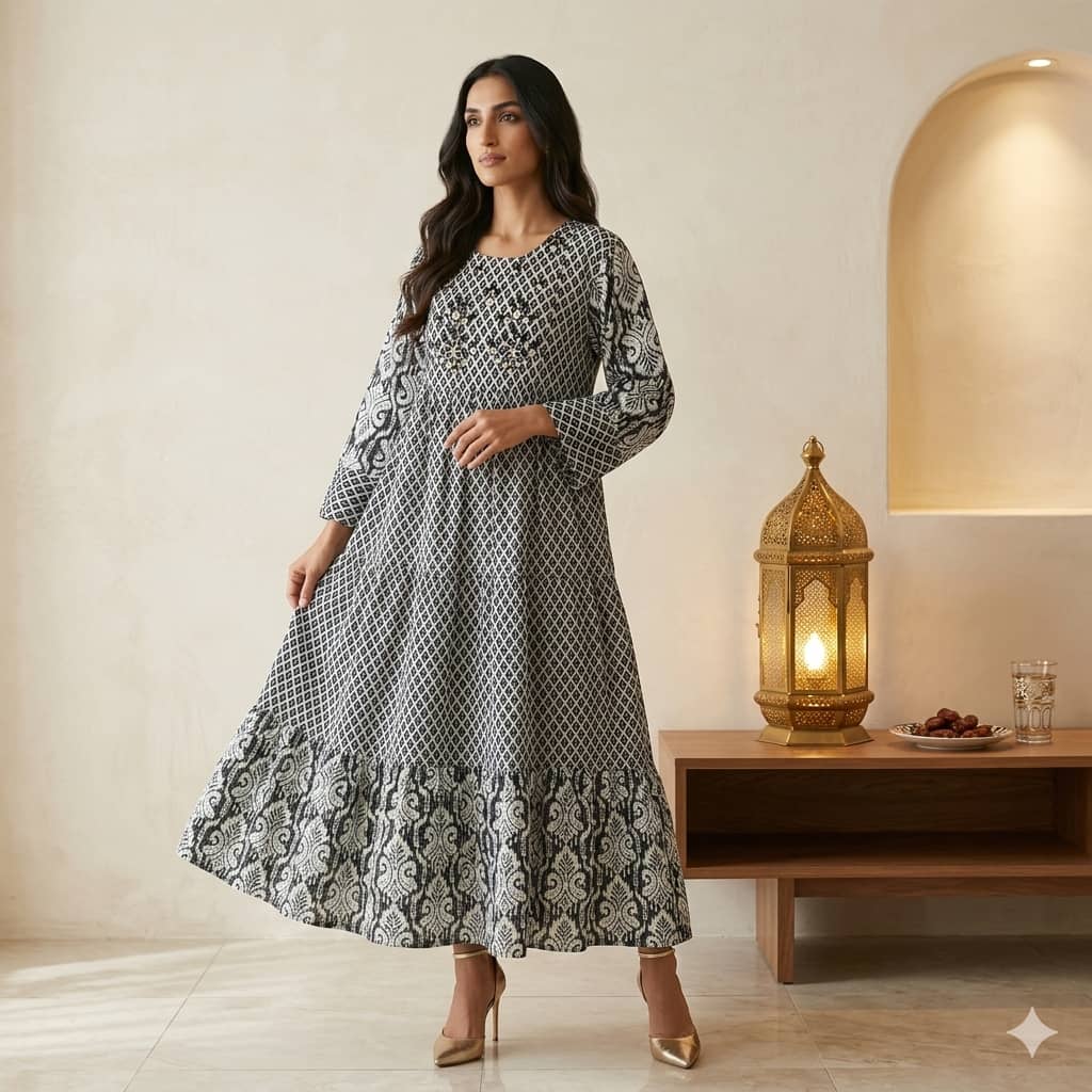 Embroidered Tiered Women Daraa- Charcoal Black