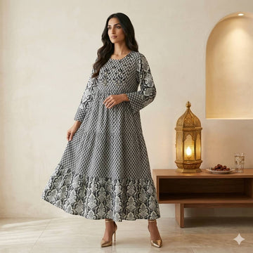 Embroidered Tiered Women Daraa- Charcoal Black