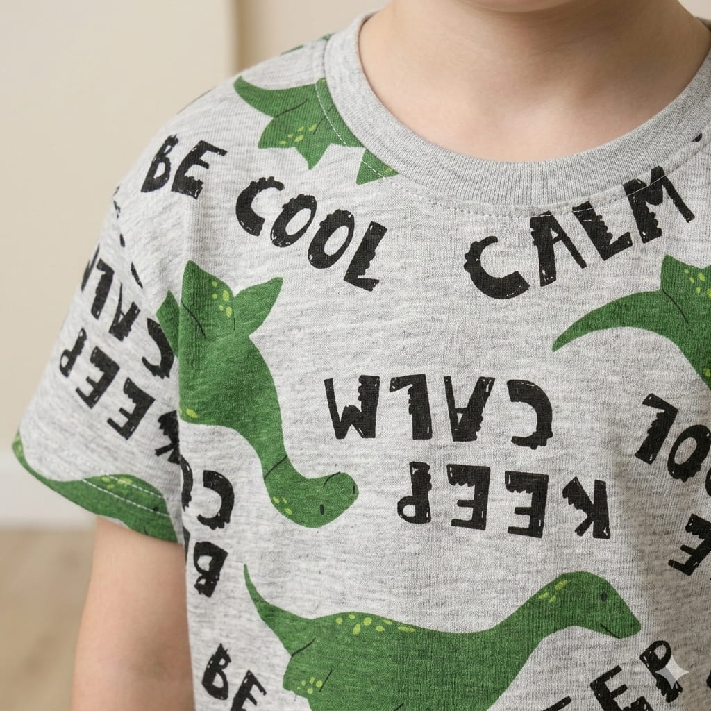 طقم بيجامة بطبعة Keep Calm Dino Boy بأكمام نصفية - رمادي