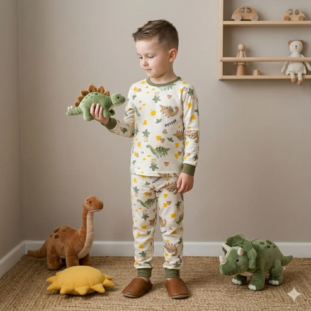 Pastel Dino Roar Boy Pajama Full Sleeves Set- White