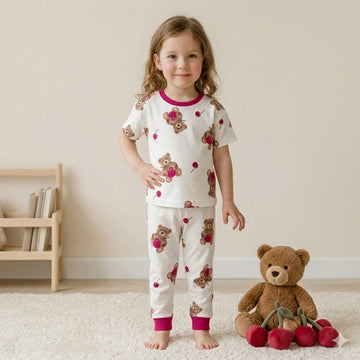 Teddy Cherry Girl Pajama Set- White