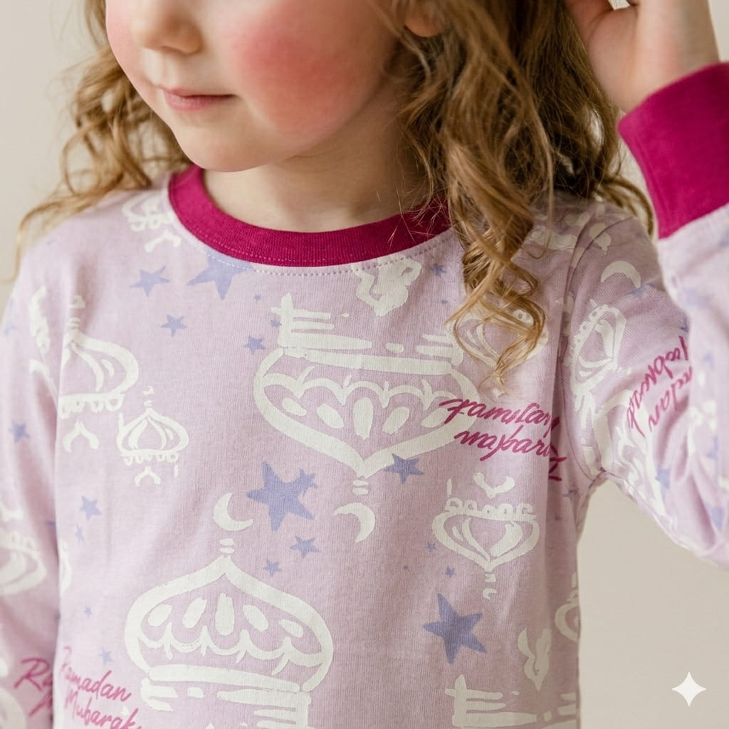 Ramadan Mubarak Girl Full Sleeves Pajama Set- Pink