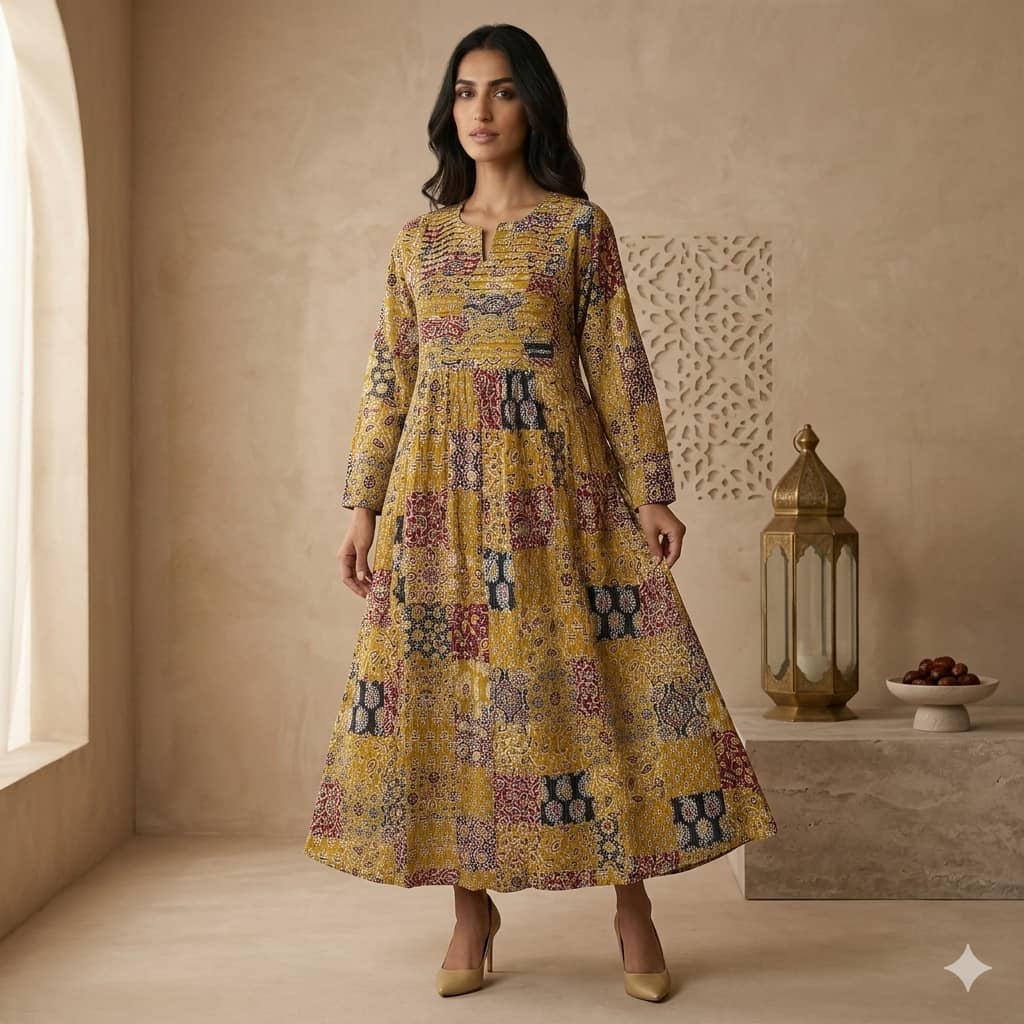 Pleated Patchwork Women Daraa- Ochre Yellow.
