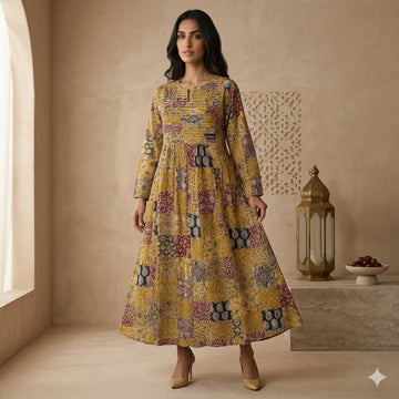 Pleated Patchwork Women Daraa- Ochre Yellow