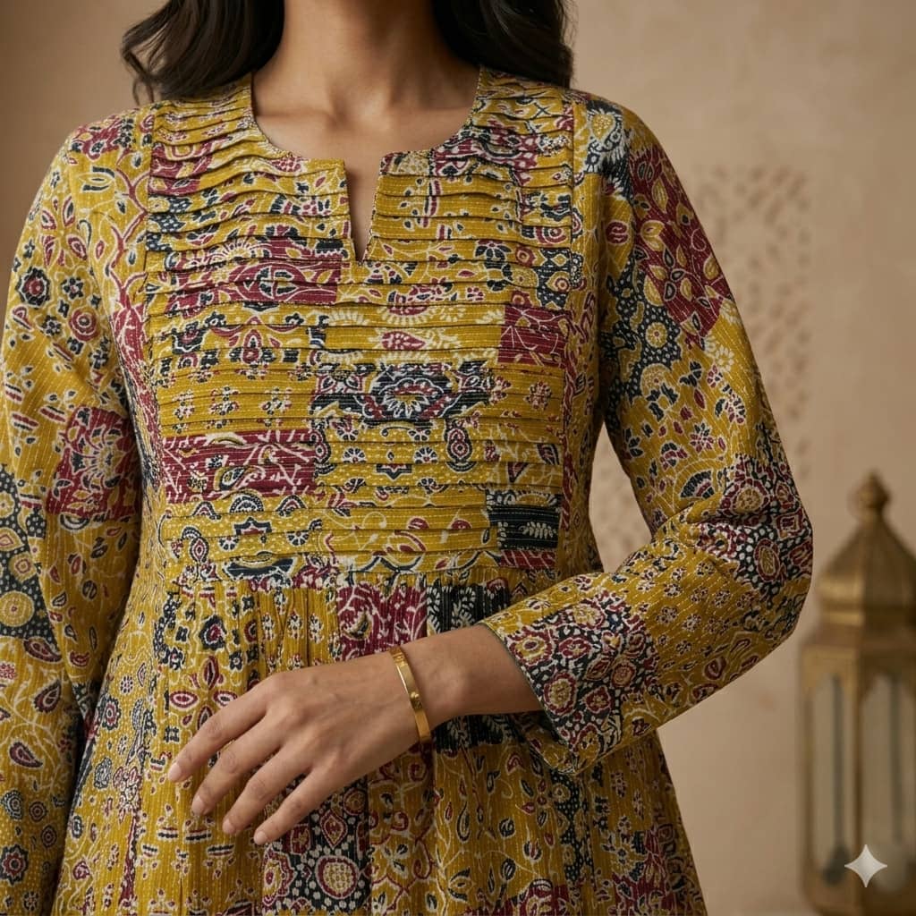 Pleated Patchwork Women Daraa- Ochre Yellow.