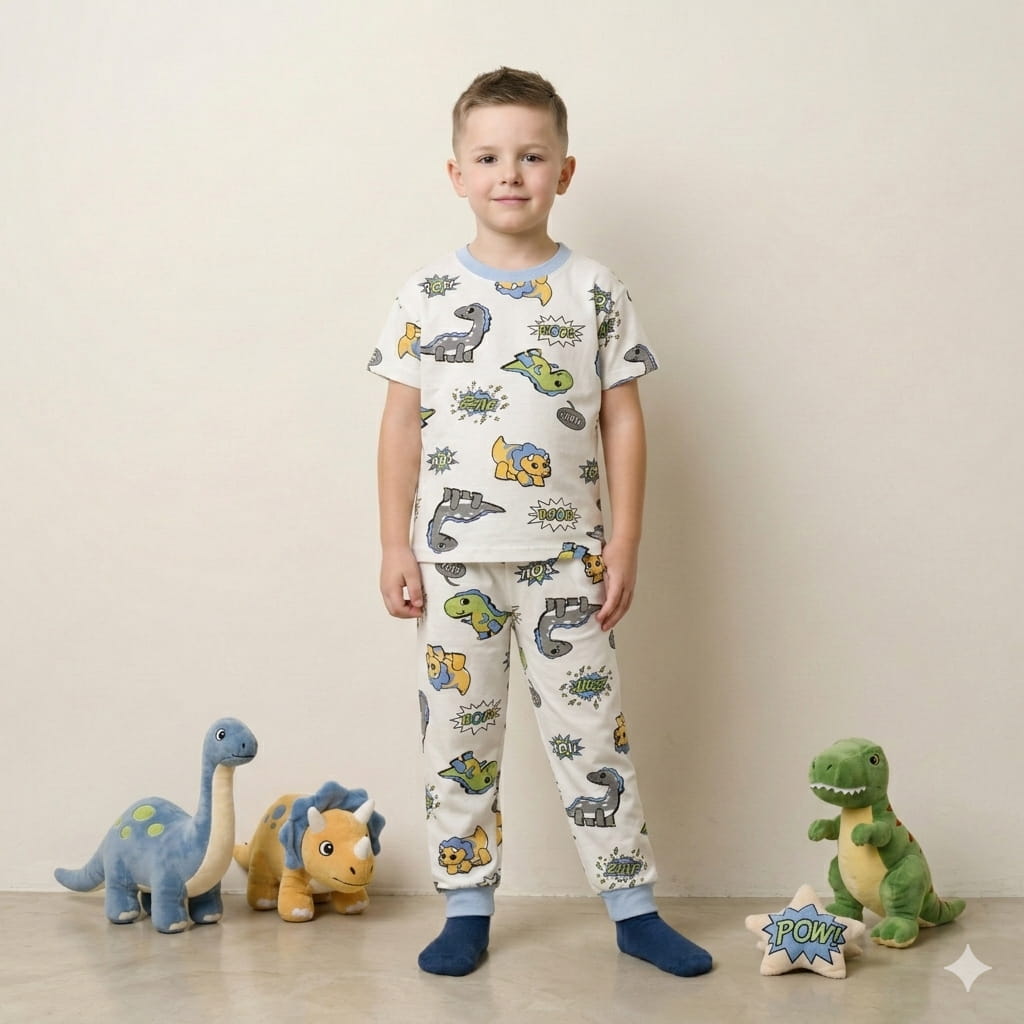 Comic Dino Boy Pajama Set-White