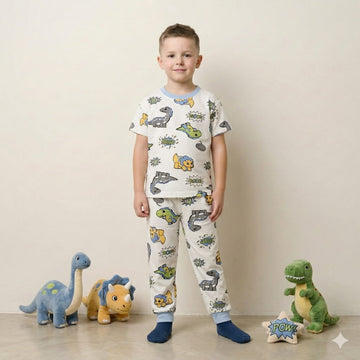 Comic Dino Boy Pajama Set-White