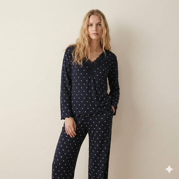 Lace Dot Women Pajama Set-Navy Blue