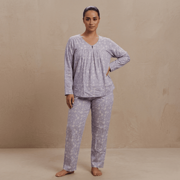 Lavender Lace-Print Women Pajama Set- Lavender