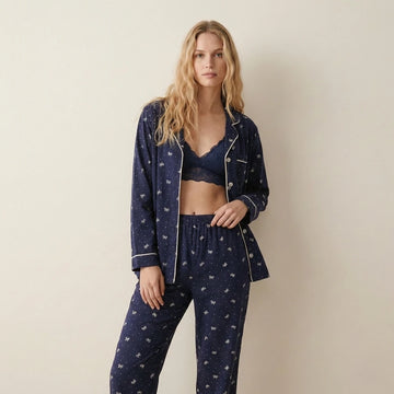 White Bow Women Pajama Set- Navy Blue