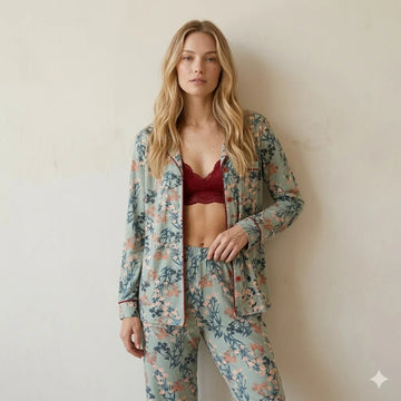 Floral Bush Women Button Pajama Set- Green