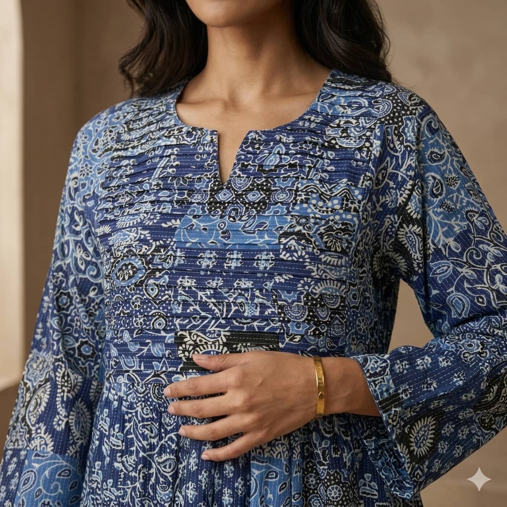 Pleated Patchwork Women Daraa- Midnight Blue.