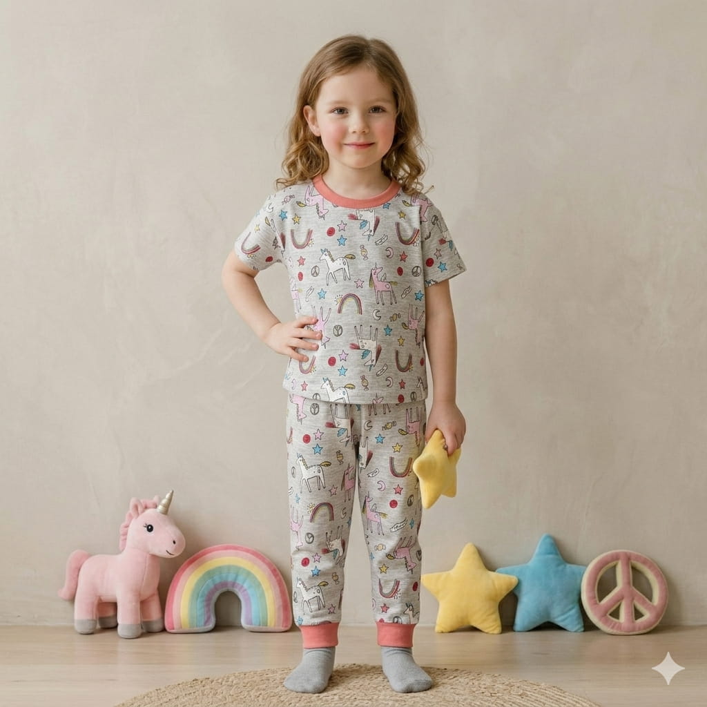 Doodle Rainbow Girl Half Sleeves Pajama Set-Grey