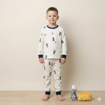 Mice Cheese Outline Boy Pajama Set- White