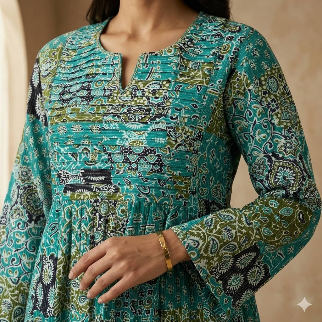 Pleated Patchwork Women Daraa- Emerald.