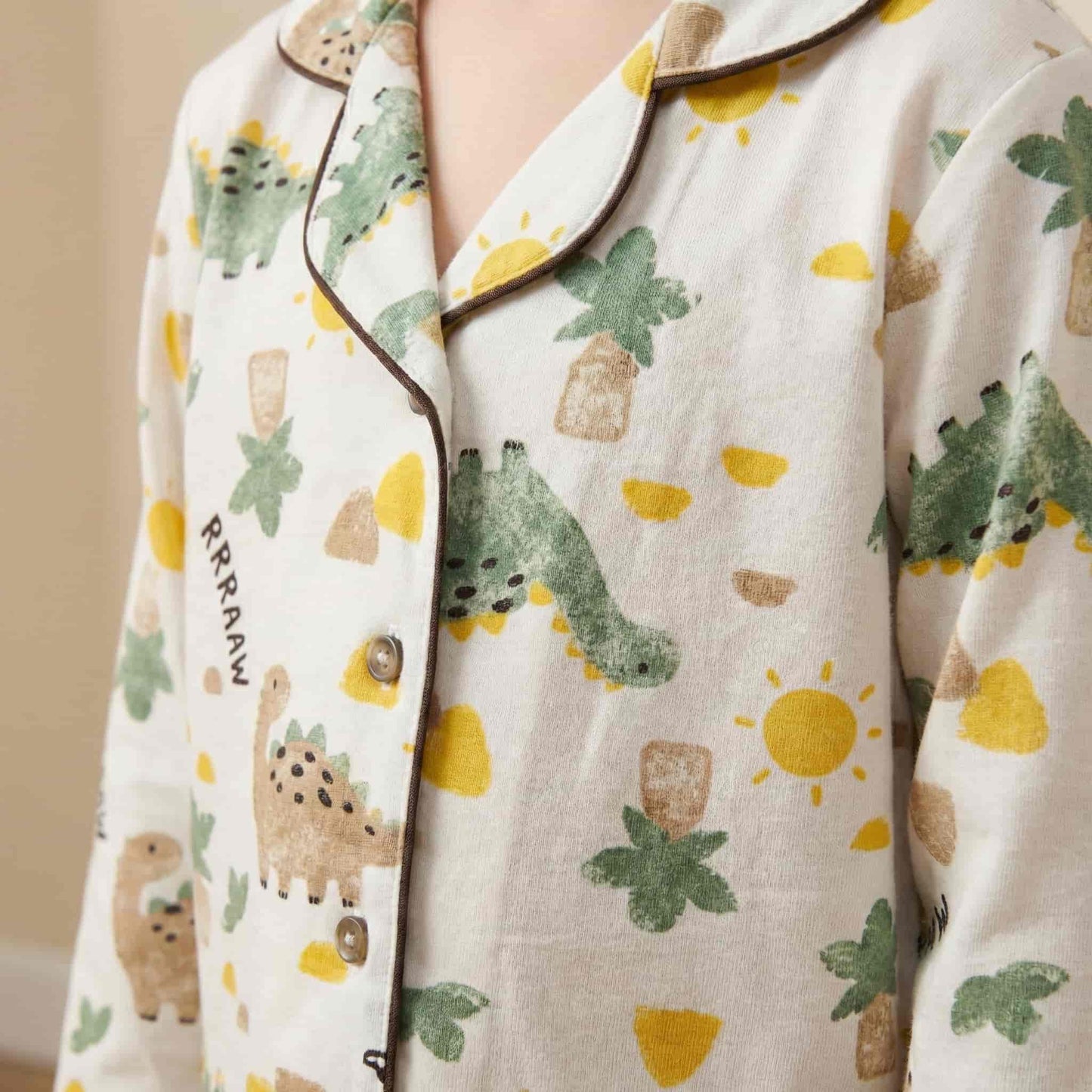 Pastel Dino Button Boy Pajama Set- Off White