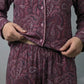 Floral Leaves Women Full Button Pajama Set- Maroon