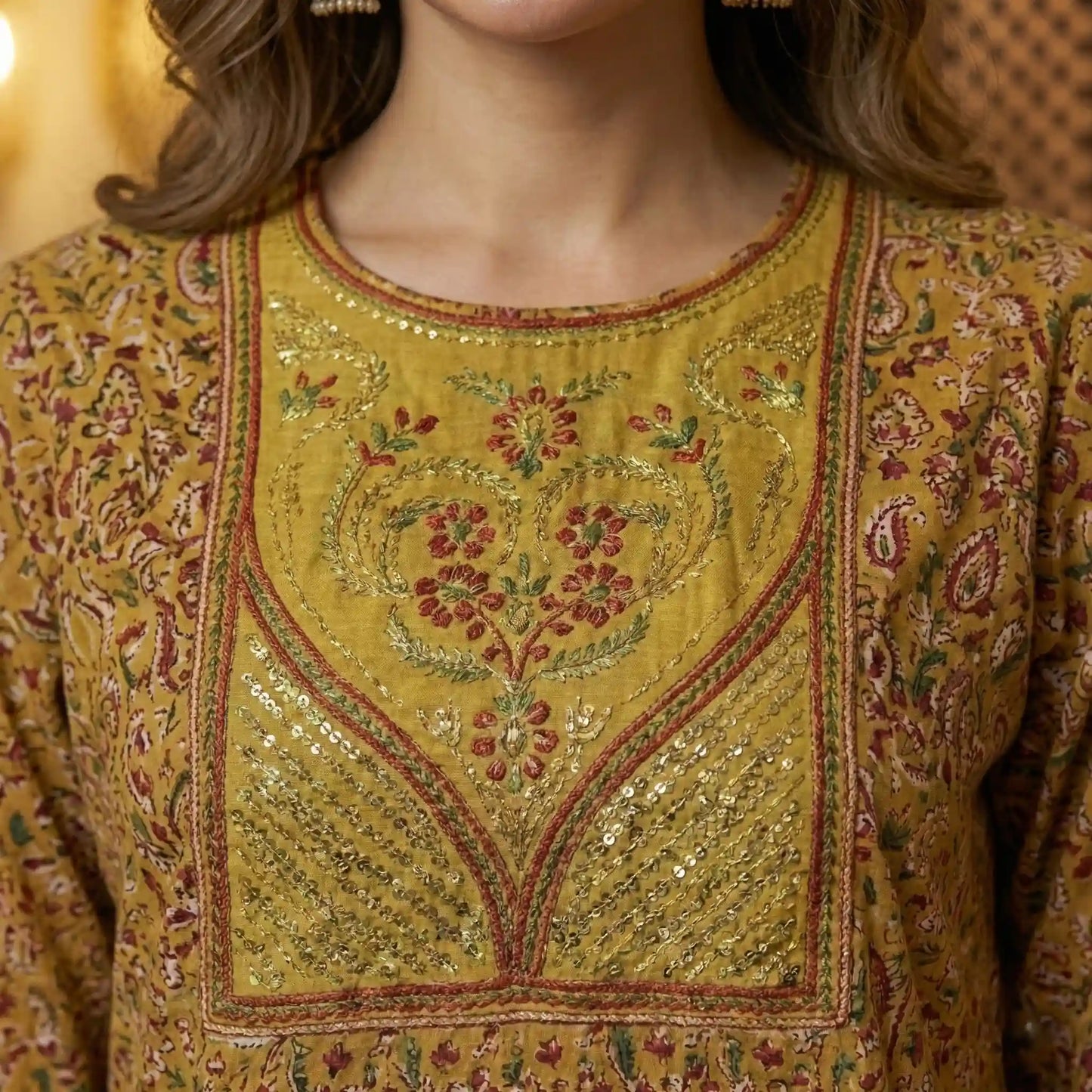 Majestic Motif Women Daraa- Mustard