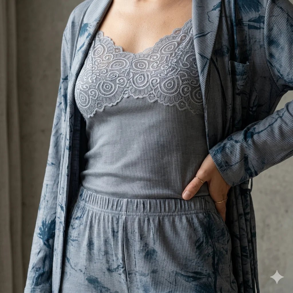 The Textured Lace 3pc Women Pajamas- Blue