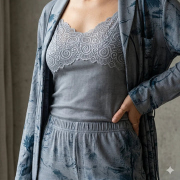 The Textured Lace 3pc Women Pajamas- Blue