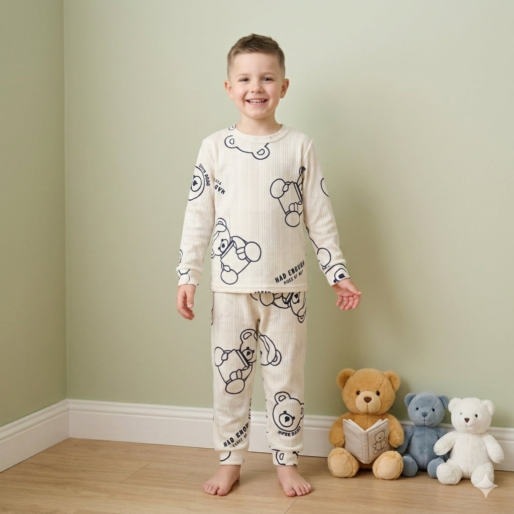 Teddy Bear Outline Boy Full Sleeves Pajama Set- Off White.