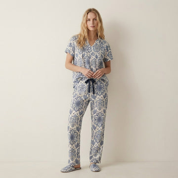 Digi Flower Women Button Pajama Set- Blue