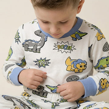 Comic Dino Boy Pajama Set- White