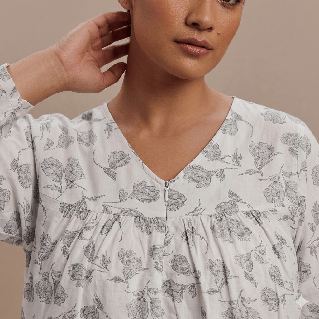 Charcoal Sketch Floral Women Pajama Set- White