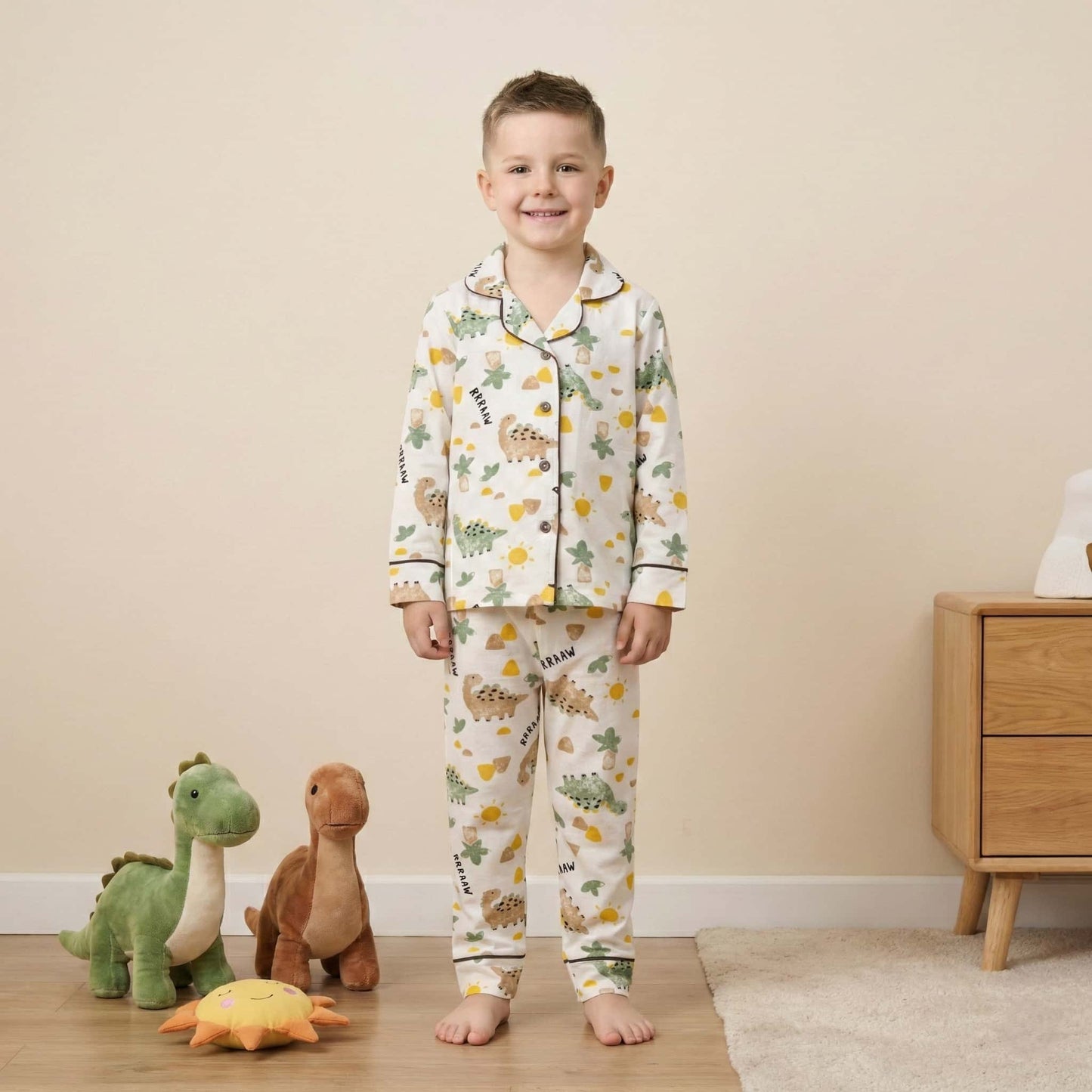 Pastel Dino Button Boy Pajama Set- Off White