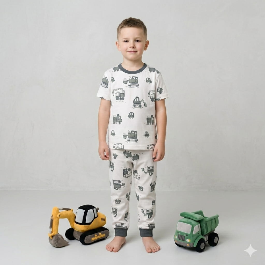 Mini Excavator Boy Pajama Set-White