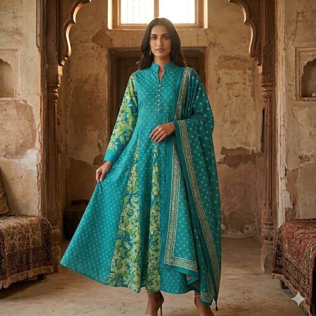 Azure Peacock Anarkali Women Daraa- Teal