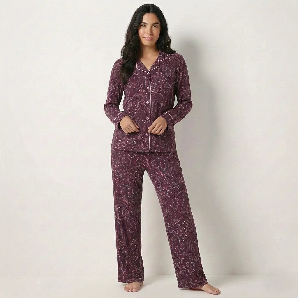 Floral Leaves Women Full Button Pajama Set- Maroon