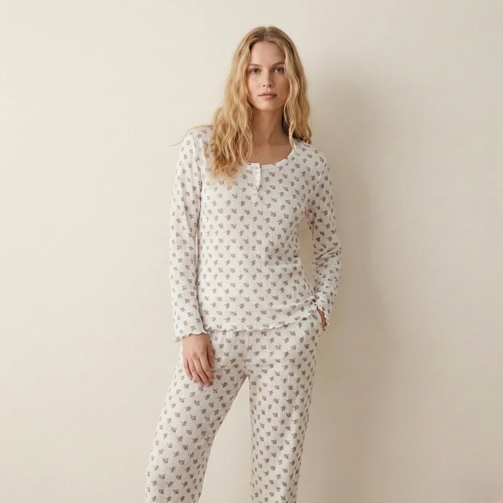 Roses Bouquet Women Pajama Set- Off White