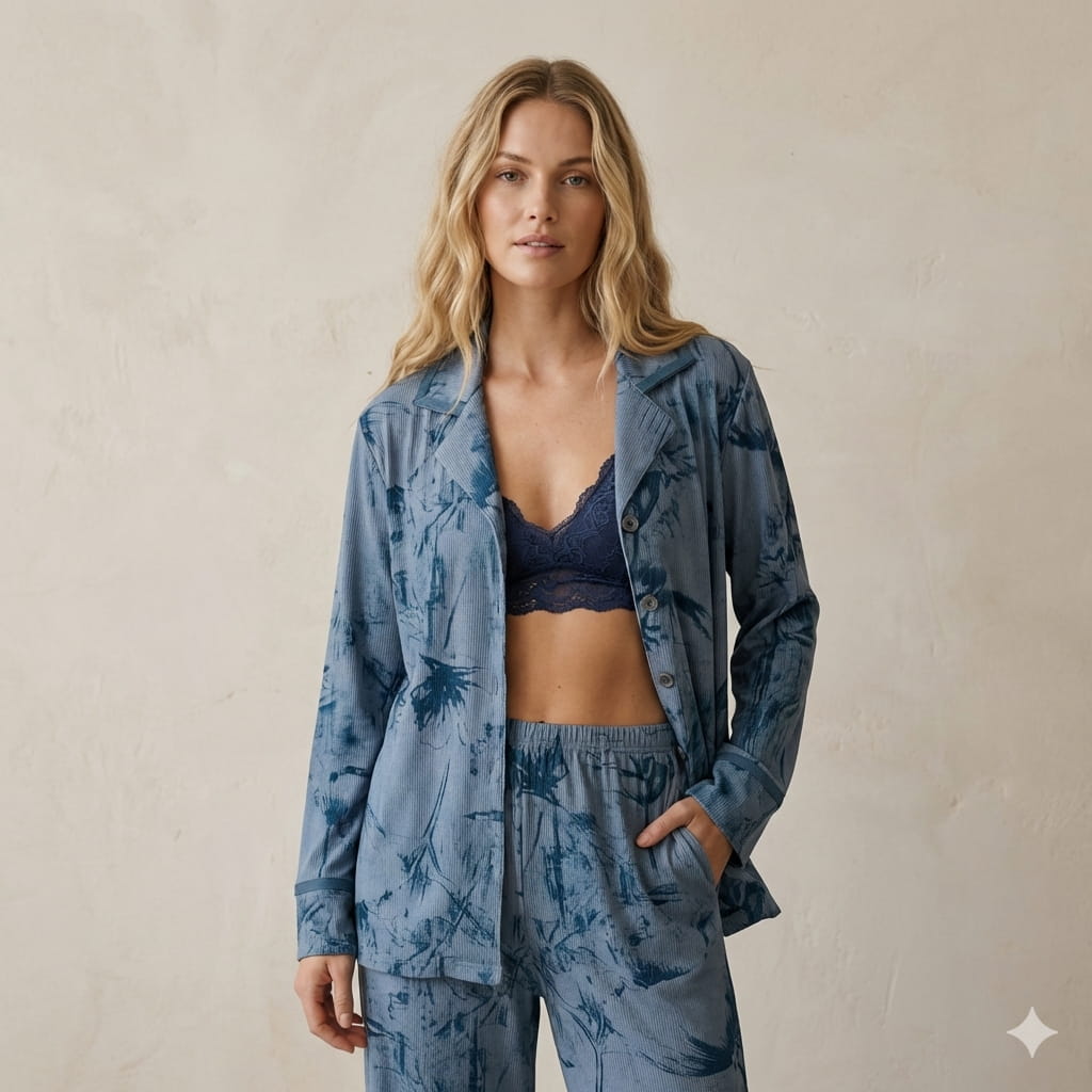 Velvet Flower Women Pajama Set- Dark Blue