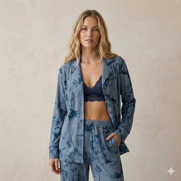 Velvet Flower Women Pajama Set- Dark Blue