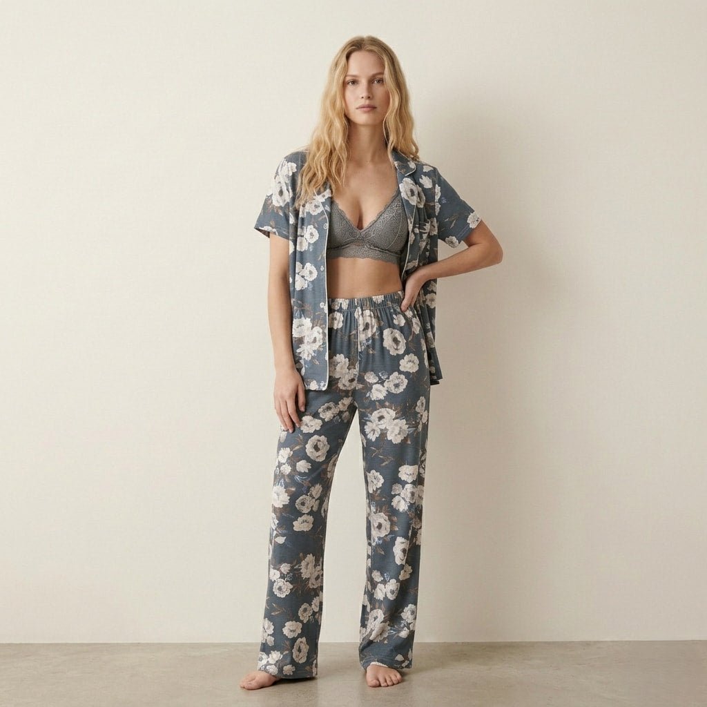 White Roses Women Button Pajama Set- Cement Blue